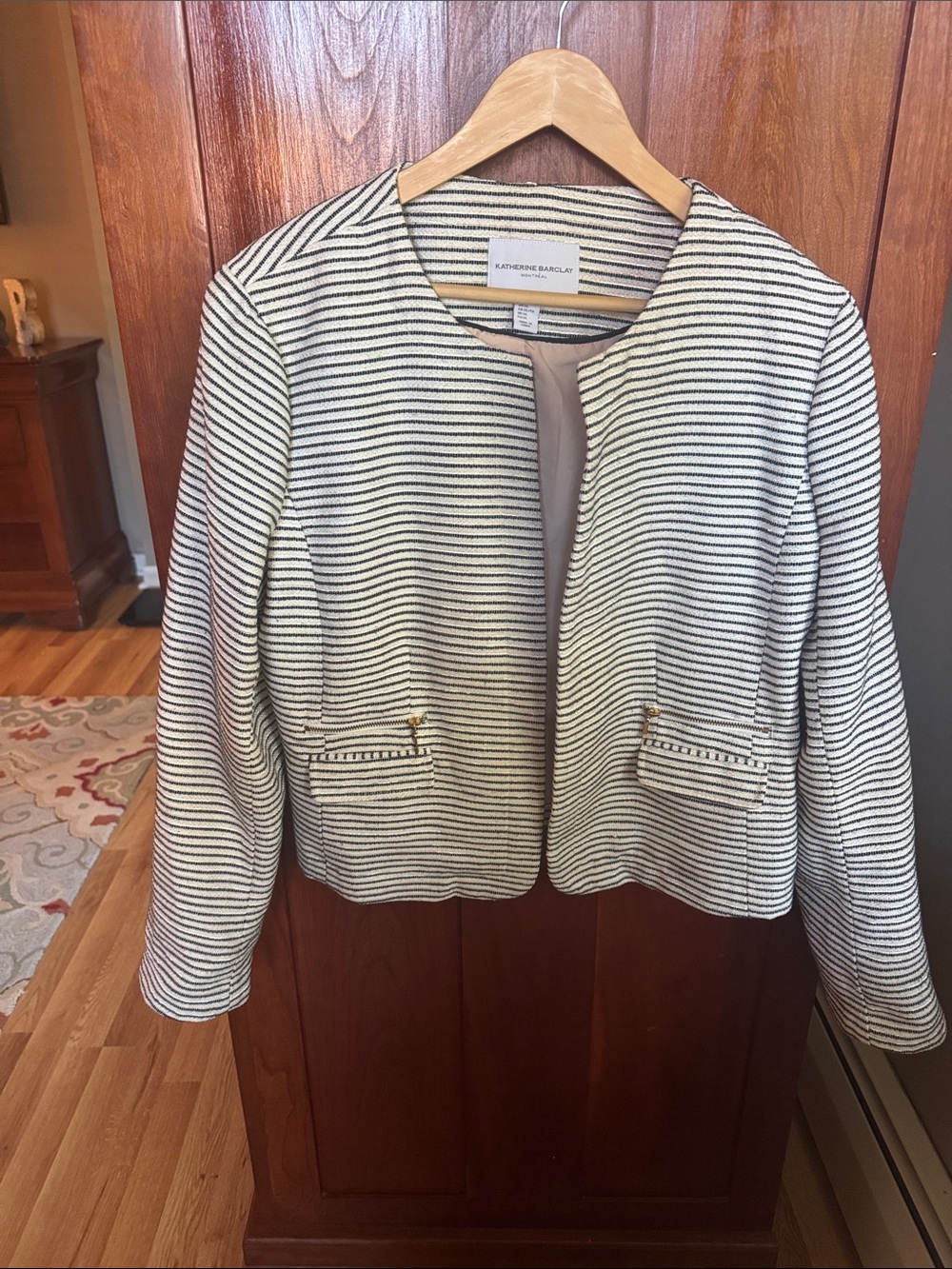 Katherine Barclay Cream and Black Striped Collarless Blazer with Gold Zips